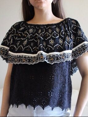 HEMANT & NANDITA Black Embroidered Off-Shoulder Ruffle Top